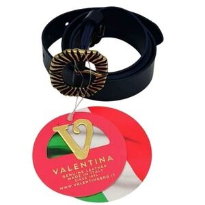 Valentina Navy Blue Leather Belt - Gold Eagle Ray Edge Buckle - Size Medium NWT